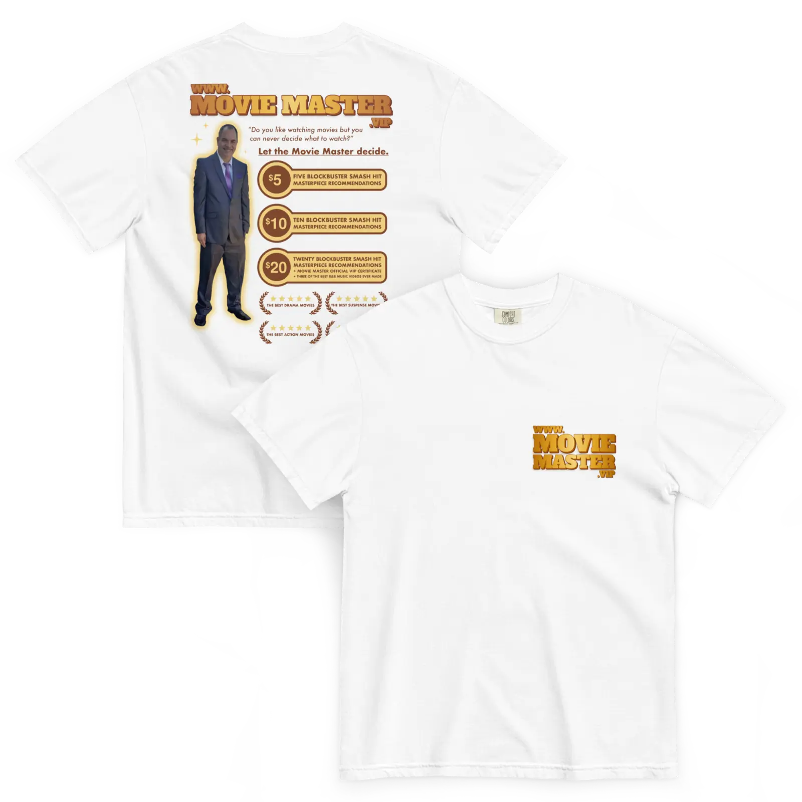 Front and back views of the white official Movie Master T-shirt. The front has a small Movie Master logo, and the back carries a full advertisement for his recommendation packages.